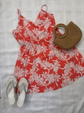 SHEIN Coral and White Floral Spaghetti-Strap Midi Dress